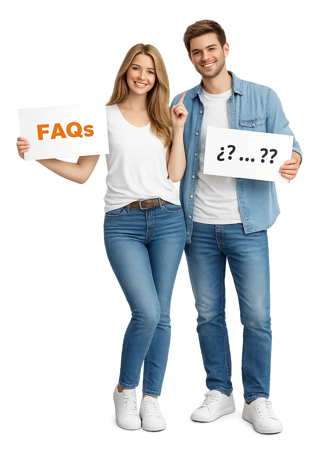 Dos personas sonrientes con carteles FAQS y preguntas, señalando la zona de preguntas frecuentes