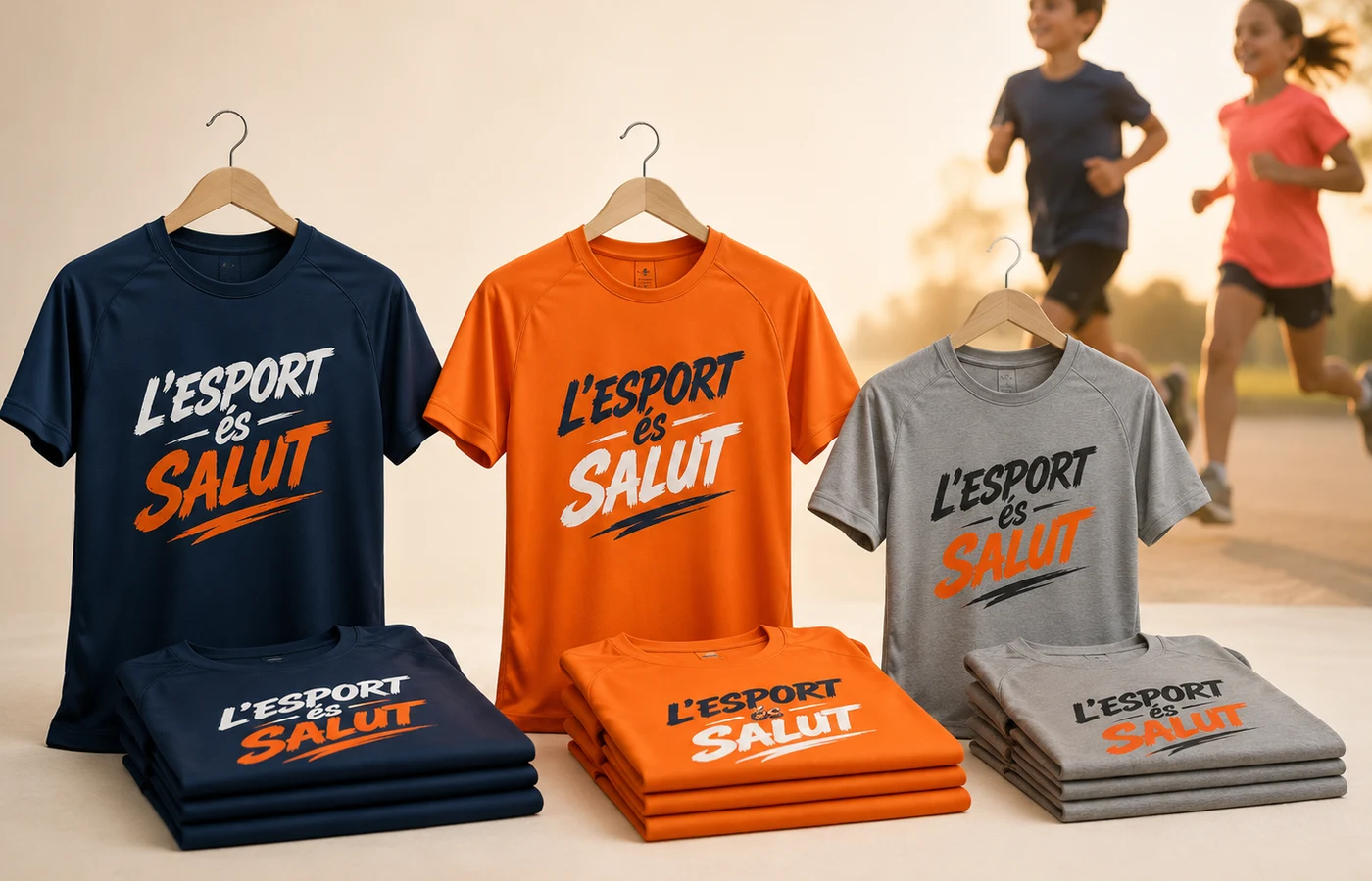 Tres grupos de camisetas deportivas con el mensaje L'ESPORT és SALUT
