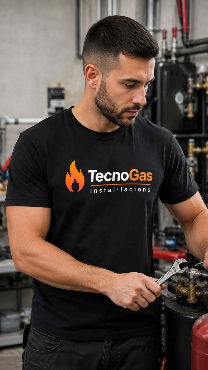 Instalador con camiseta corporativa TecnoGas trabajando en sala técnica