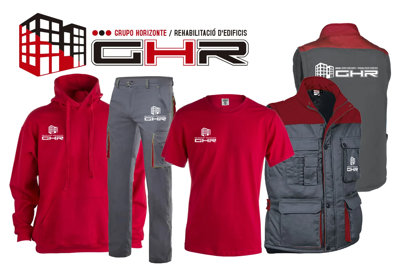 Colección de ropa laboral corporativa con polos, chaqueta y chaleco